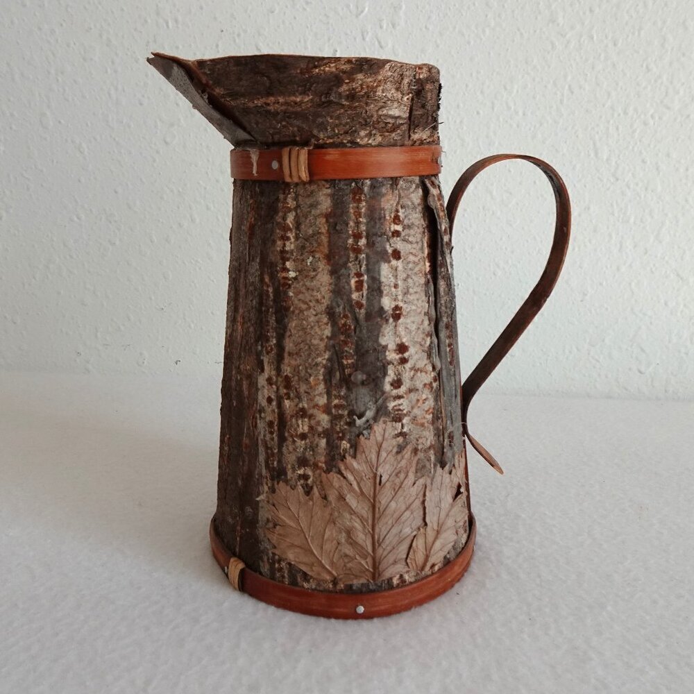 Handmade Wood Tree Bark Pitcher Vase 7.5” Vintage Rustic Natural Earthy Textured